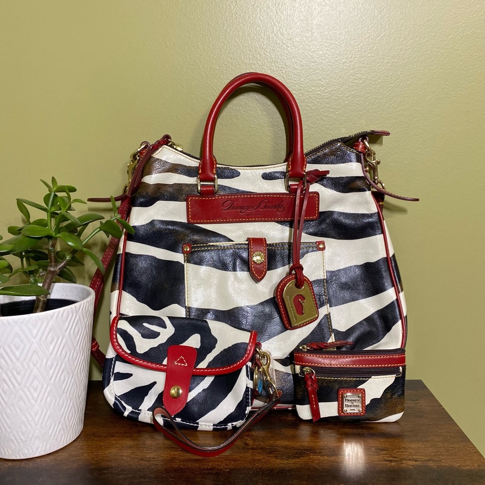 Dooney & Bourke Zebra Set—Leather Satchel, Wristlet, and Coin Purse